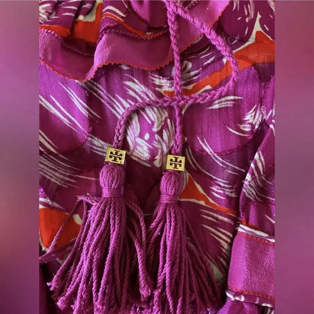 Tory Burch Silk Sheer Tassel Tunic Blouse Pink Purple Boho Resort Top Sz 4